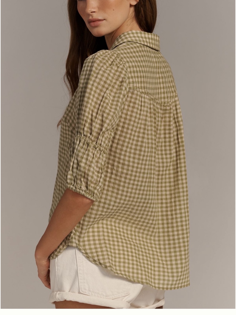 Anthropologie Pilcro Olive Gingham Puff-Sleeve Button-Down Shirt - Picture 2 of 6